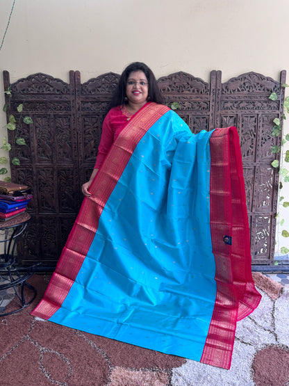 Pure Kanjivaram Silk Saree |Sky Blue With Gold Zari Border | Handloom | Silk Mark Certified