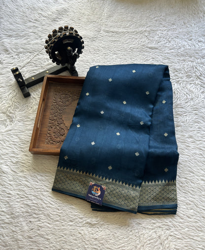 Banarasi Tussar Georgette Saree Peacock Blue Colored Paired with a Zari Border. - Sampradaya Designer Studio