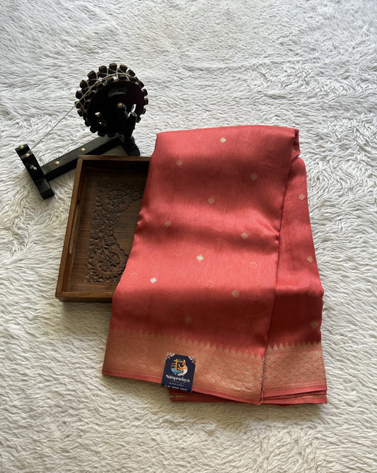 Banarasi Tussar Georgette Saree Dark Peach Colored Paired with a Zari Border. - Sampradaya Designer Studio