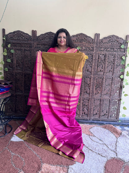 Pure Kanjivaram Silk Saree | Mehendi Green With Gold Zari Border | Handloom | Silk Mark Certified