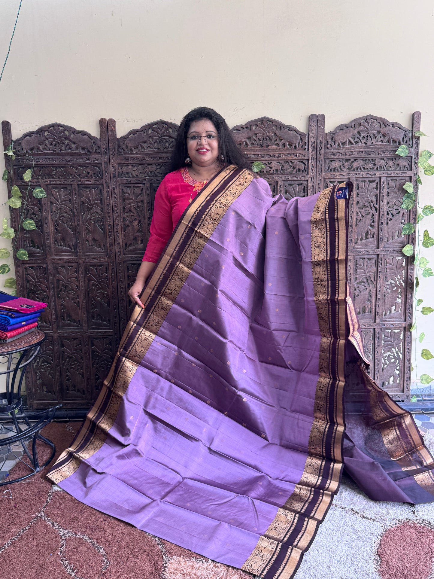 Lavender Pure Kanjivaram Silk Saree | Gap Border With Peacock Butta | Handloom | Silk Mark Certified