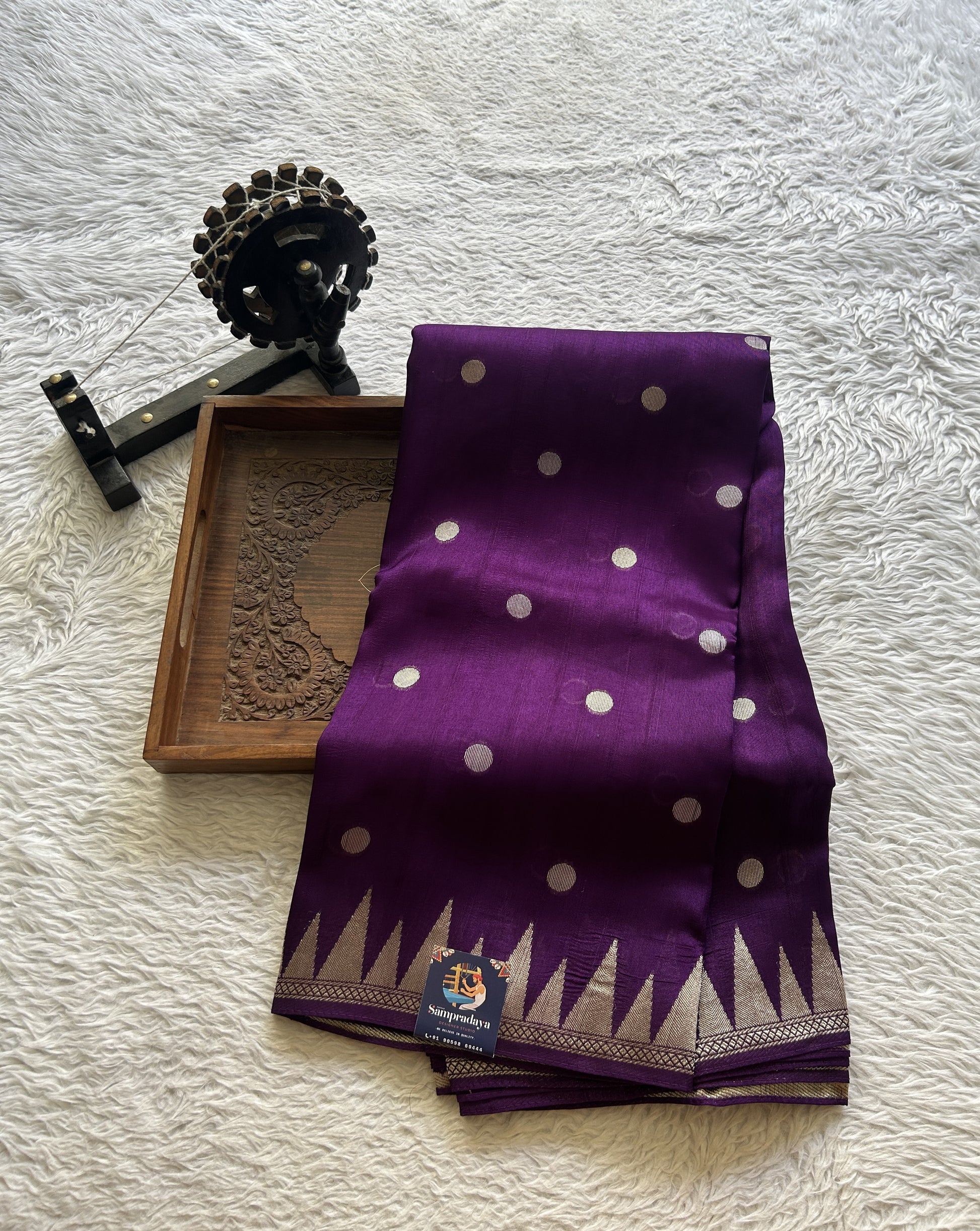 Banarasi Tussar Georgette Saree Dark Violet Colored Paired with a Temple Border. - Sampradaya Designer Studio