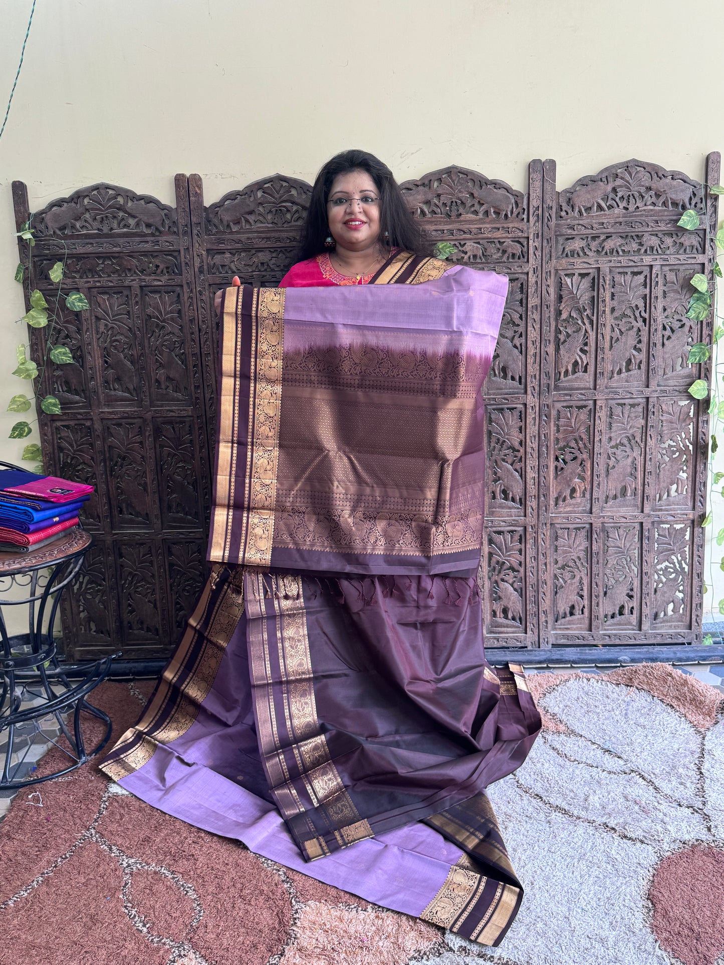 Lavender Pure Kanjivaram Silk Saree | Gap Border With Peacock Butta | Handloom | Silk Mark Certified