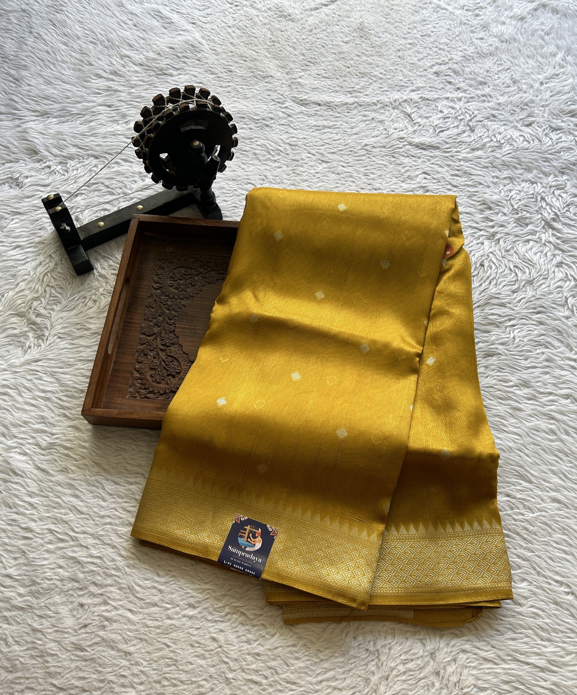 Banarasi Tussar Georgette Saree Mustard Colored Paired with a Zari Border. - Sampradaya Designer Studio
