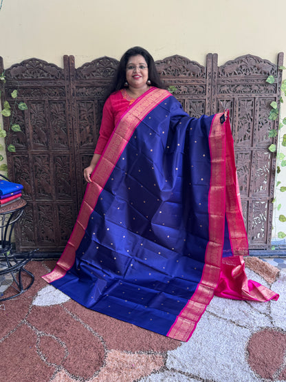 Pure Kanjivaram Silk Saree |Blue With Gold Zari Border | Handloom | Silk Mark Certified