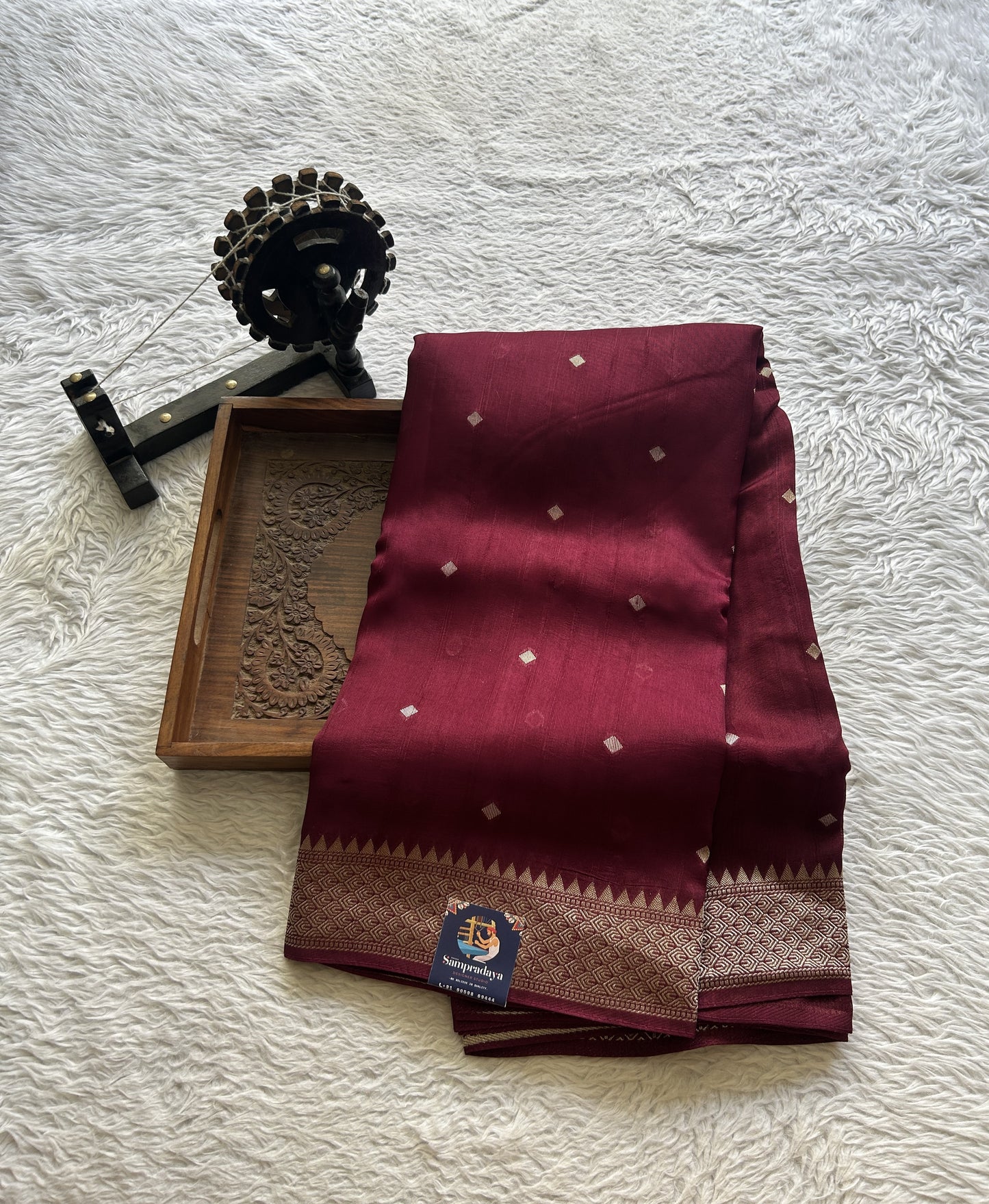 Banarasi Tussar Georgette Saree Burgundy Colored Paired with a Zari Border. - Sampradaya Designer Studio