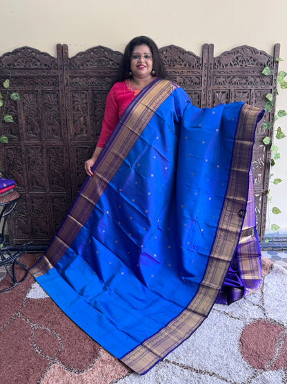 Pure Kanjivaram Silk Saree |Peacock Blue With Gold Zari Border | Handloom | Silk Mark Certified