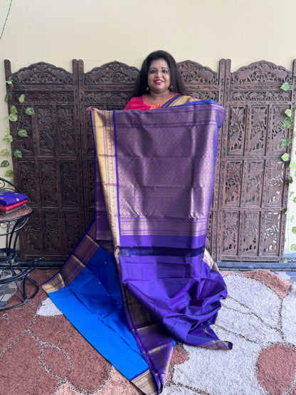 Pure Kanjivaram Silk Saree |Peacock Blue With Gold Zari Border | Handloom | Silk Mark Certified