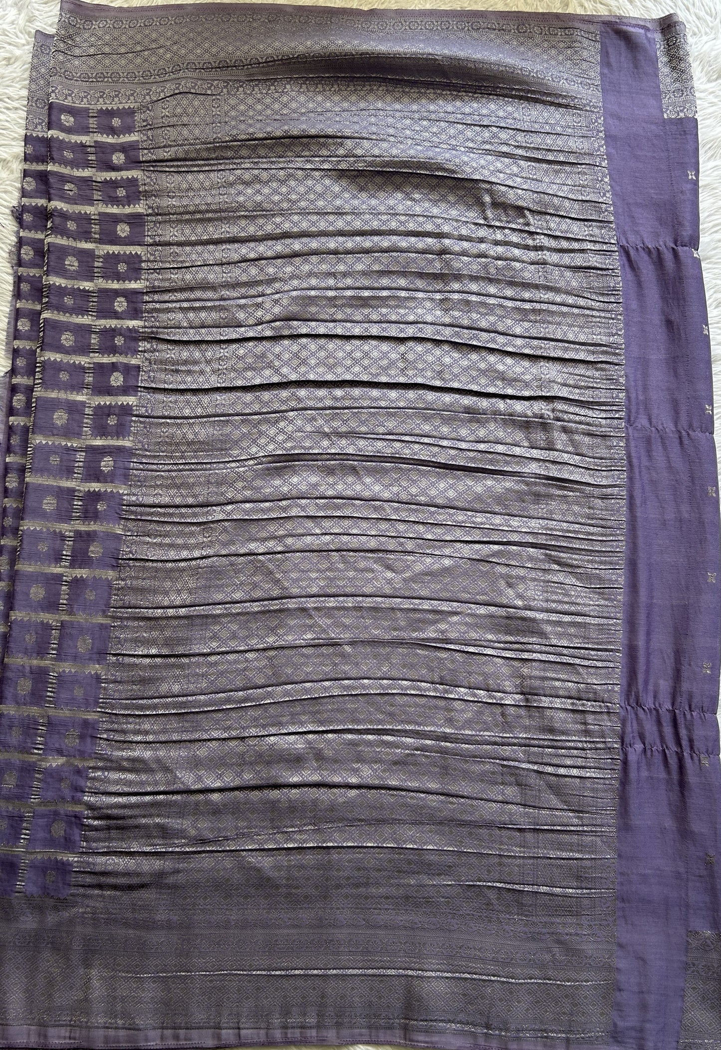 Semi Georgette Saree Lilac Colored Complemented with a Zari Border. - Sampradaya Designer Studio