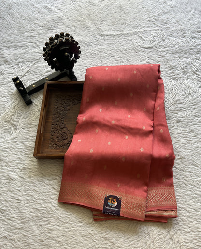 Banarasi Tussar Georgette Saree Peach Colored Paired with a Zari Border. - Sampradaya Designer Studio