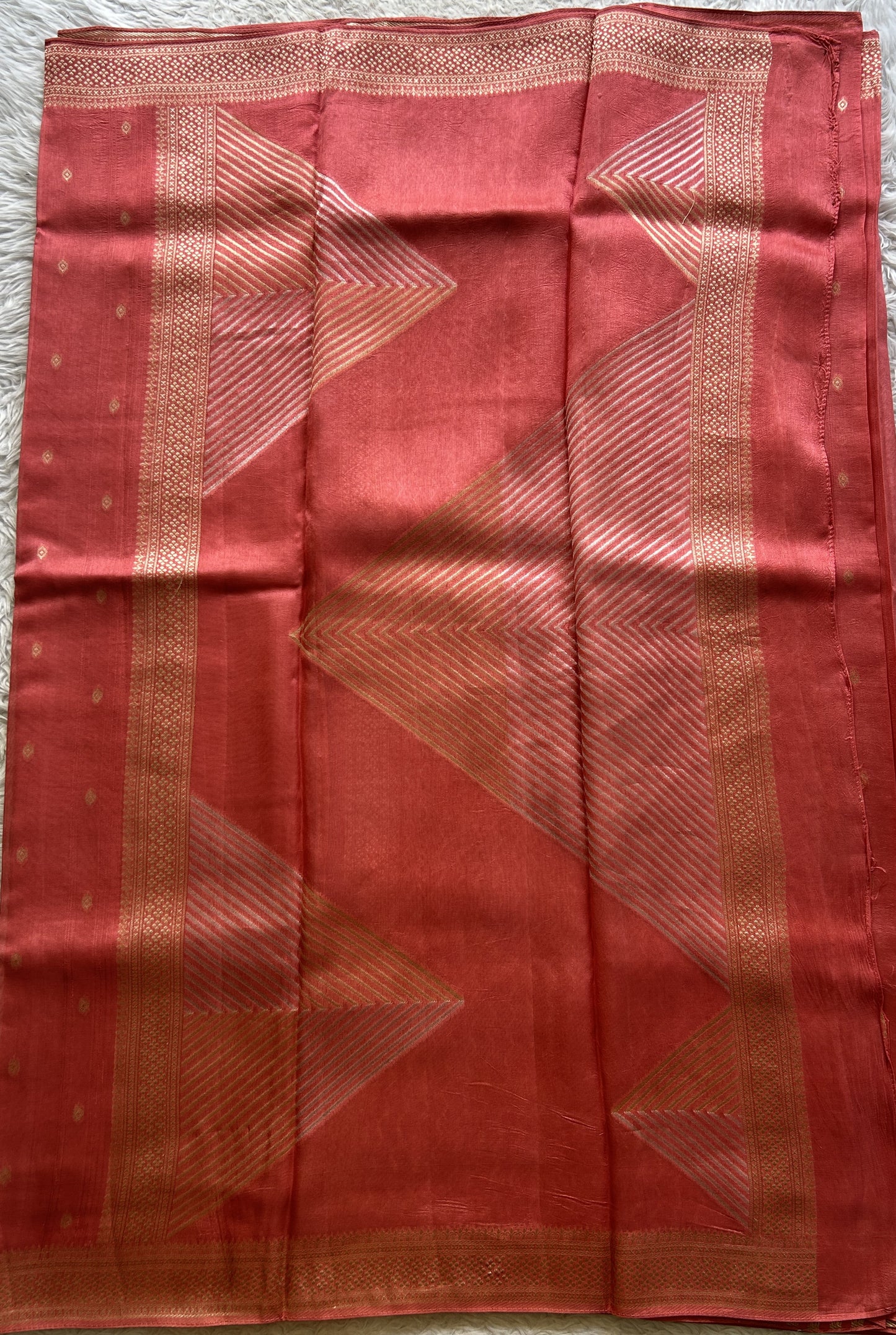 Banarasi Tussar Georgette Saree Peach Colored Paired with a Zari Border. - Sampradaya Designer Studio