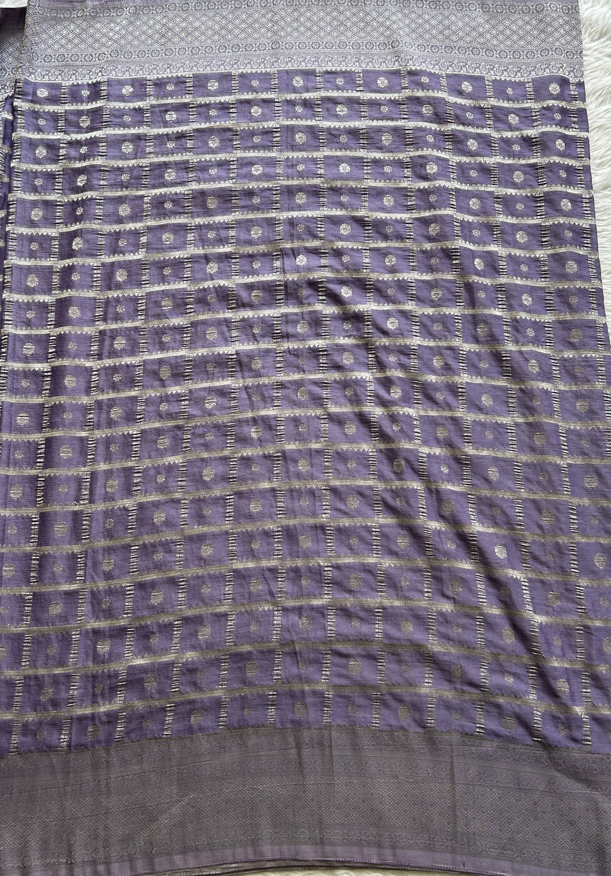 Semi Georgette Saree Lilac Colored Complemented with a Zari Border. - Sampradaya Designer Studio