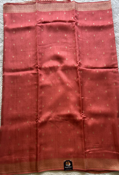 Banarasi Tussar Georgette Saree Peach Colored Paired with a Zari Border. - Sampradaya Designer Studio