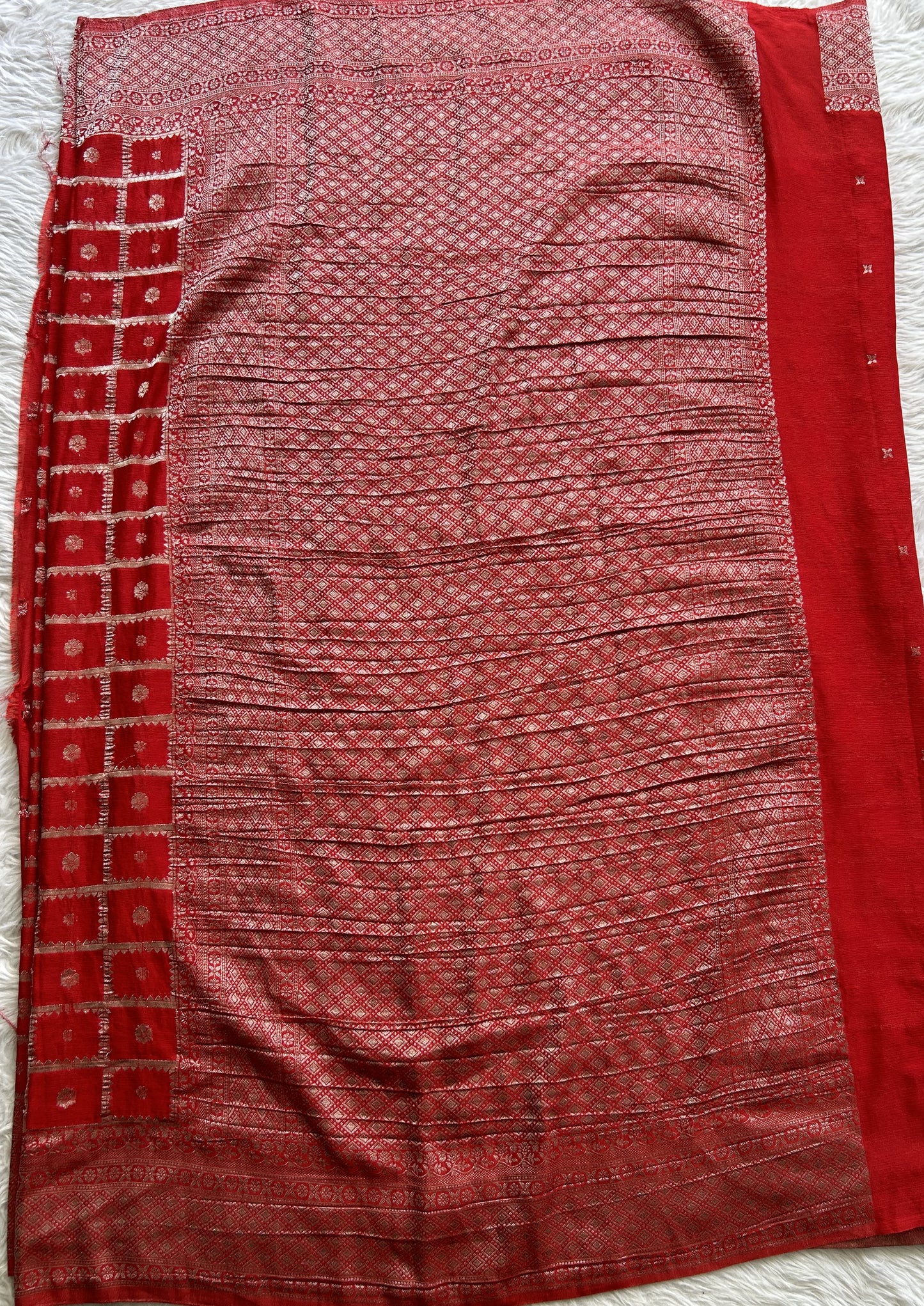 Semi Georgette Saree Red Colored Complemented with a Zari Border. - Sampradaya Designer Studio