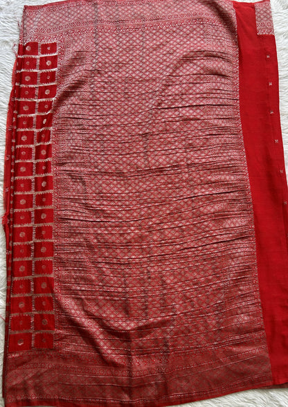 Semi Georgette Saree Red Colored Complemented with a Zari Border. - Sampradaya Designer Studio