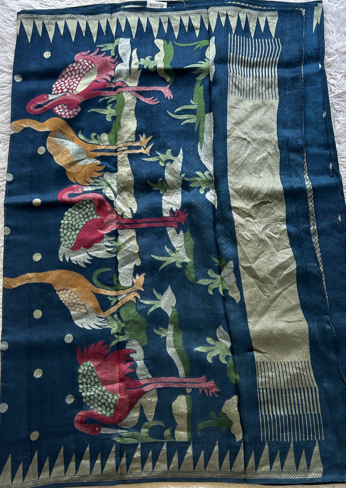 Banarasi Tussar Georgette Saree Peacock Blue Colored Paired with a Temple Border. - Sampradaya Designer Studio