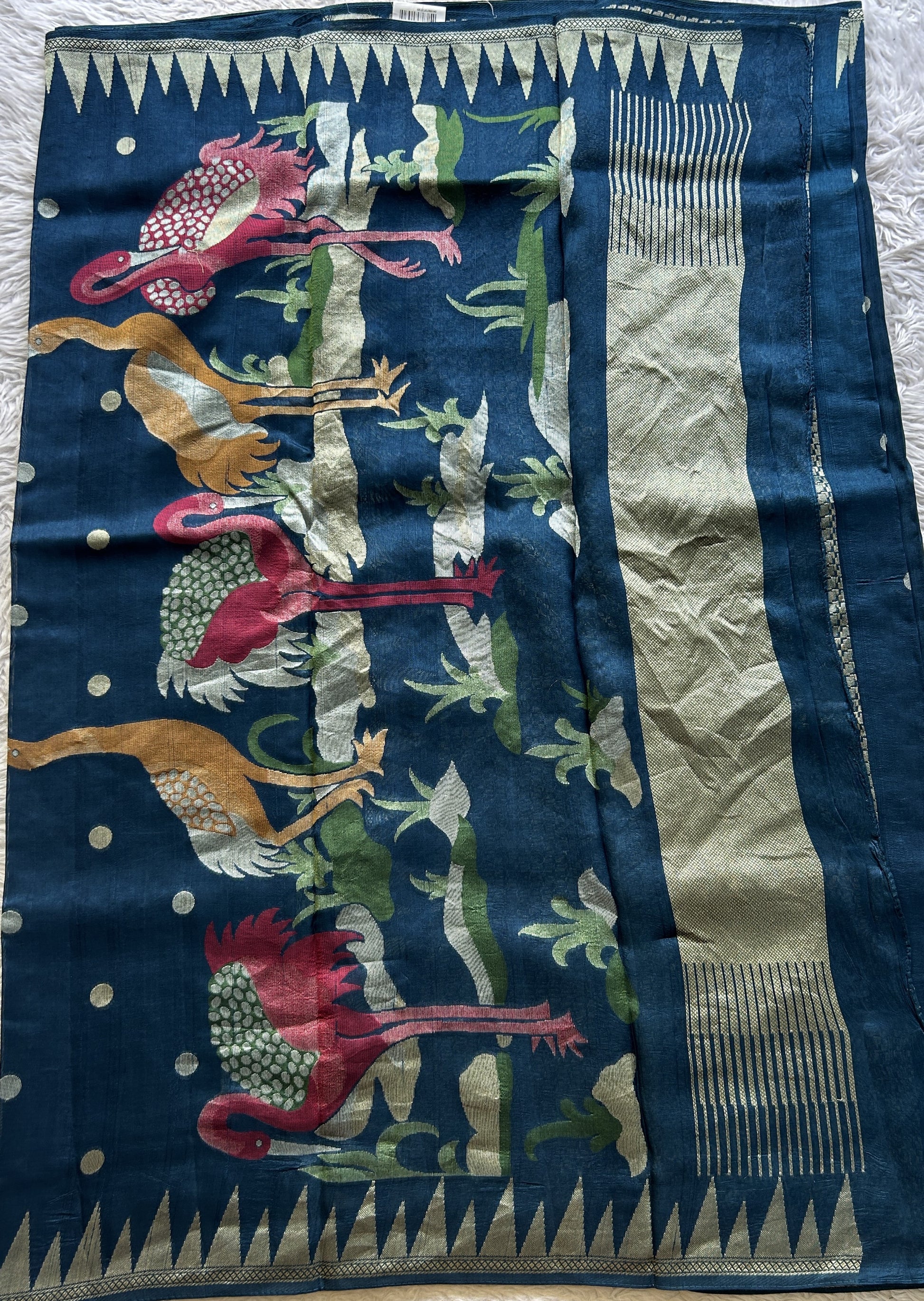 Banarasi Tussar Georgette Saree Peacock Blue Colored Paired with a Temple Border. - Sampradaya Designer Studio
