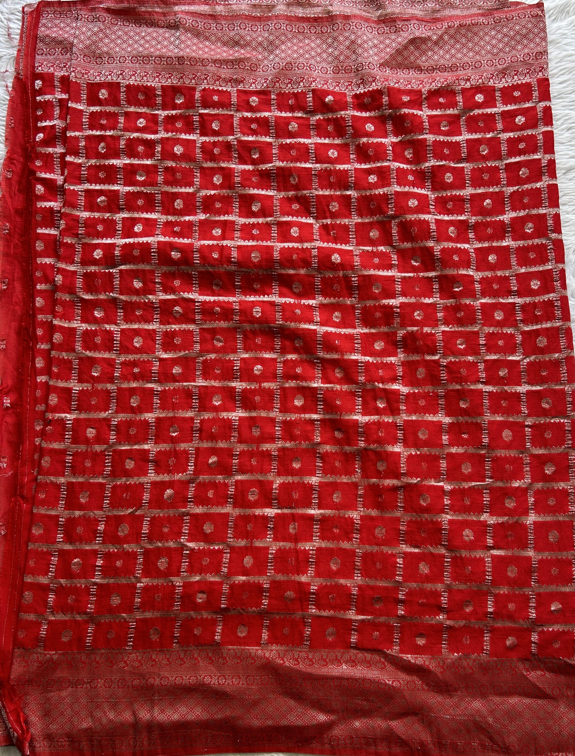 Semi Georgette Saree Red Colored Complemented with a Zari Border. - Sampradaya Designer Studio