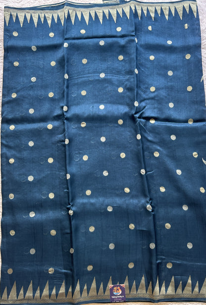 Banarasi Tussar Georgette Saree Peacock Blue Colored Paired with a Temple Border. - Sampradaya Designer Studio