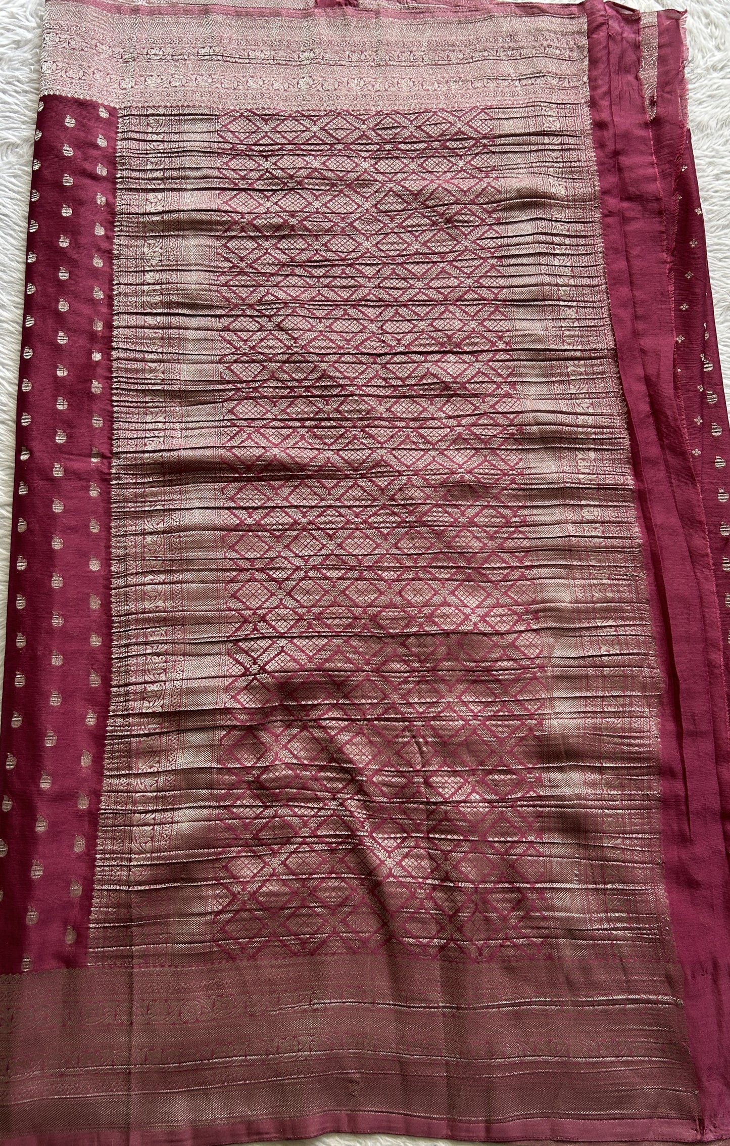 Semi Georgette Saree Dark Pink Colored Complemented with a Zari Border. - Sampradaya Designer Studio