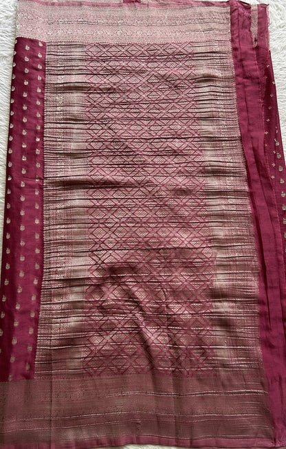Semi Georgette Saree Dark Pink Colored Complemented with a Zari Border. - Sampradaya Designer Studio