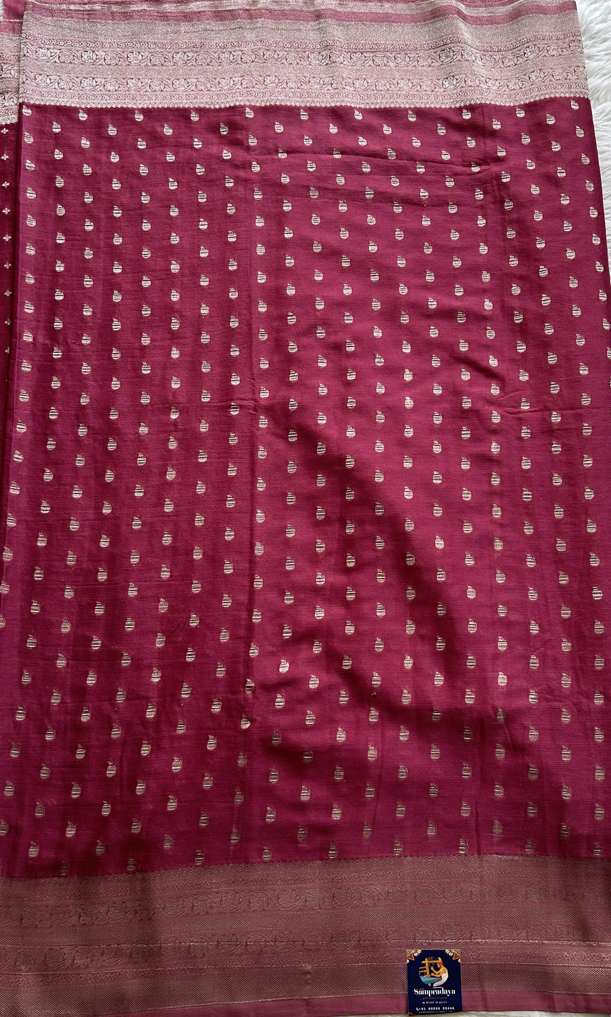 Semi Georgette Saree Dark Pink Colored Complemented with a Zari Border. - Sampradaya Designer Studio