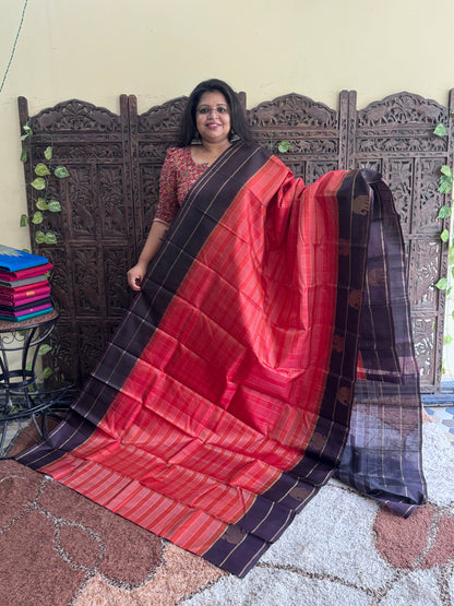 Rustic Orange Pure Kanjivaram Silk Saree | Gap Border With Peacock Butta | Handloom | Silk Mark Certified