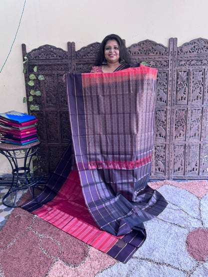 Rustic Orange Pure Kanjivaram Silk Saree | Gap Border With Peacock Butta | Handloom | Silk Mark Certified