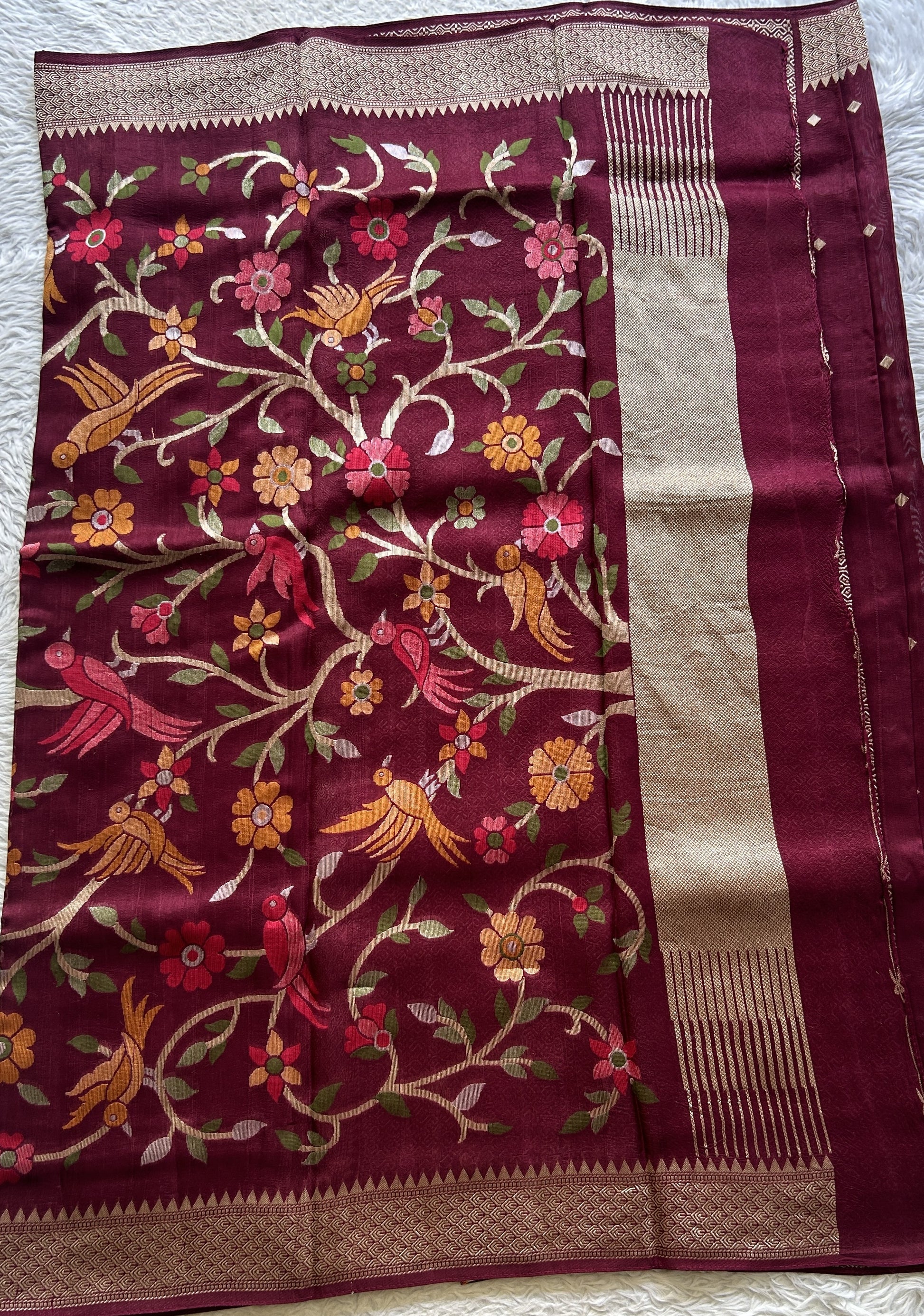 Banarasi Tussar Georgette Saree Burgundy Colored Paired with a Zari Border. - Sampradaya Designer Studio