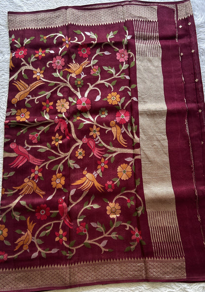 Banarasi Tussar Georgette Saree Burgundy Colored Paired with a Zari Border. - Sampradaya Designer Studio