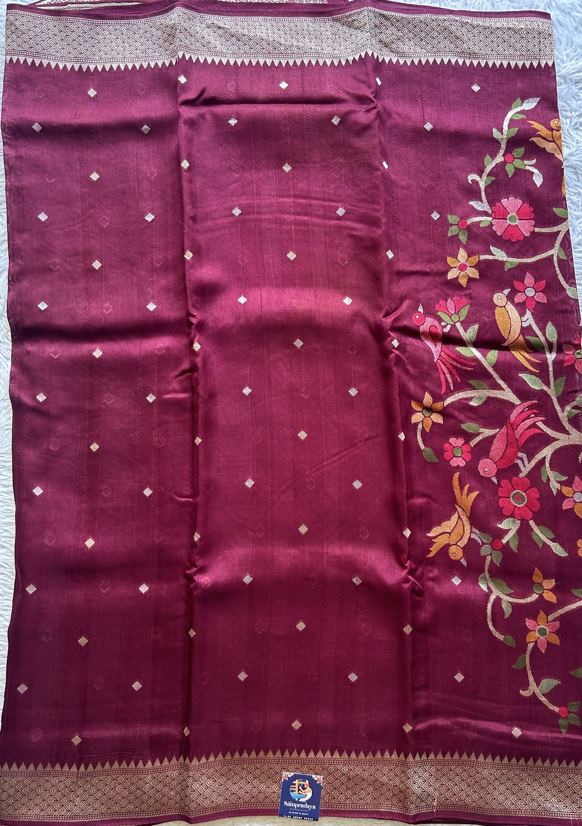 Banarasi Tussar Georgette Saree Burgundy Colored Paired with a Zari Border. - Sampradaya Designer Studio