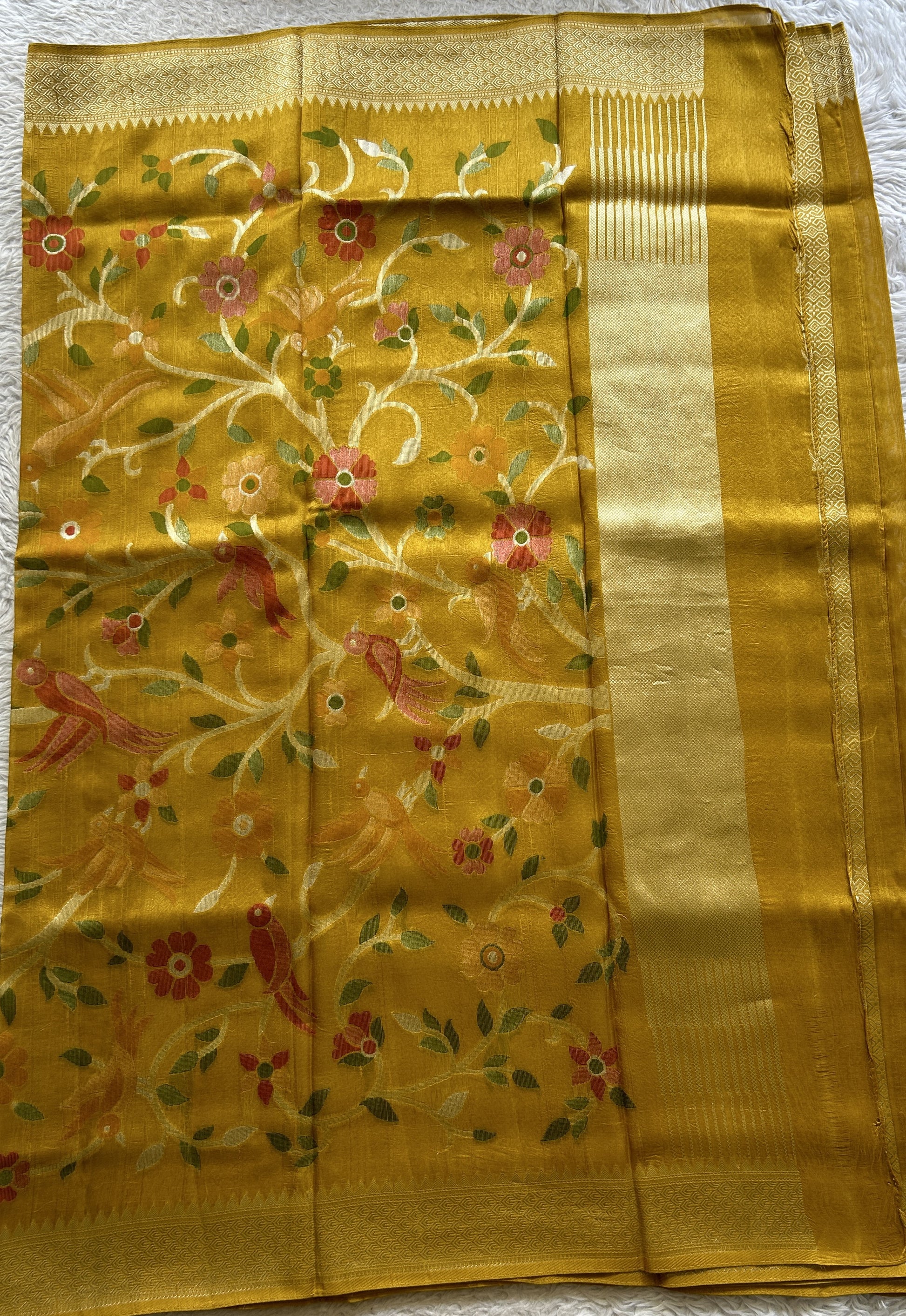 Banarasi Tussar Georgette Saree Mustard Colored Paired with a Zari Border. - Sampradaya Designer Studio