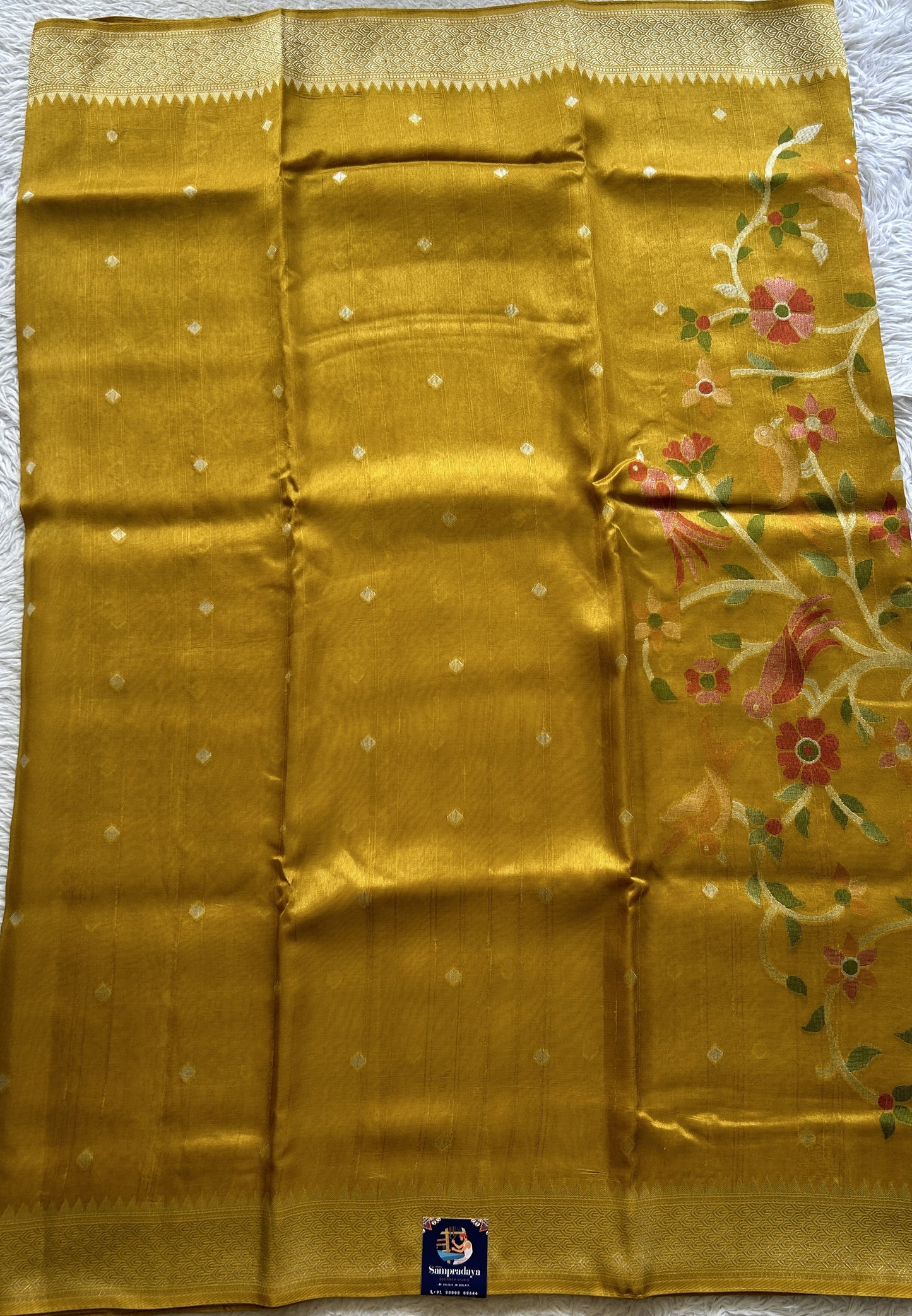 Banarasi Tussar Georgette Saree Mustard Colored Paired with a Zari Border. - Sampradaya Designer Studio