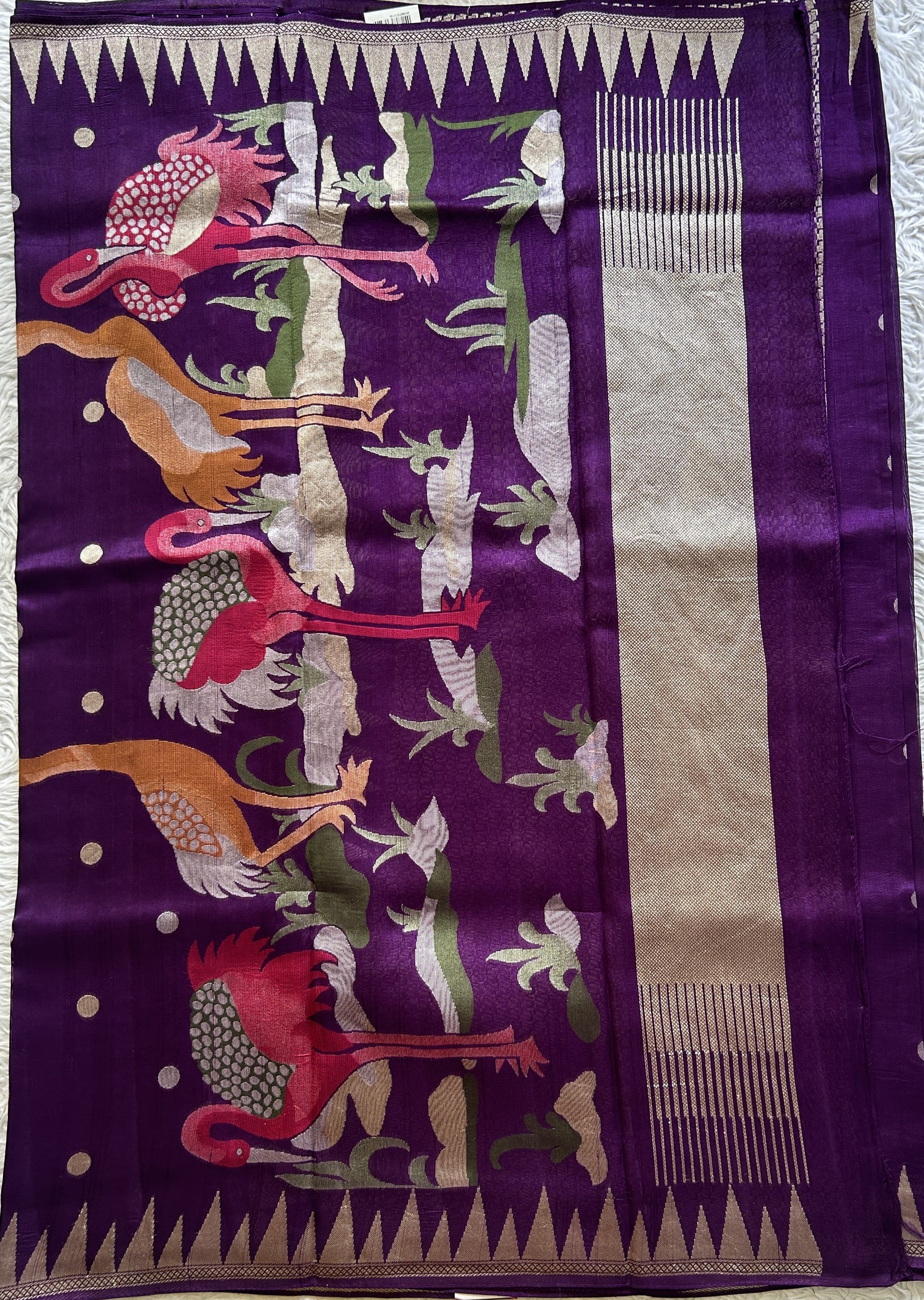 Banarasi Tussar Georgette Saree Dark Violet Colored Paired with a Temple Border. - Sampradaya Designer Studio
