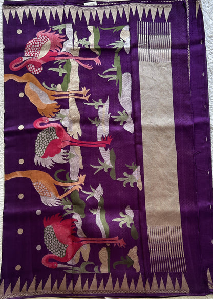 Banarasi Tussar Georgette Saree Dark Violet Colored Paired with a Temple Border. - Sampradaya Designer Studio