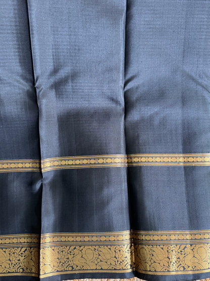 Gray Pure Kanjivaram Silk Saree | Gap Border With Peacock Butta | Handloom | Silk Mark Certified