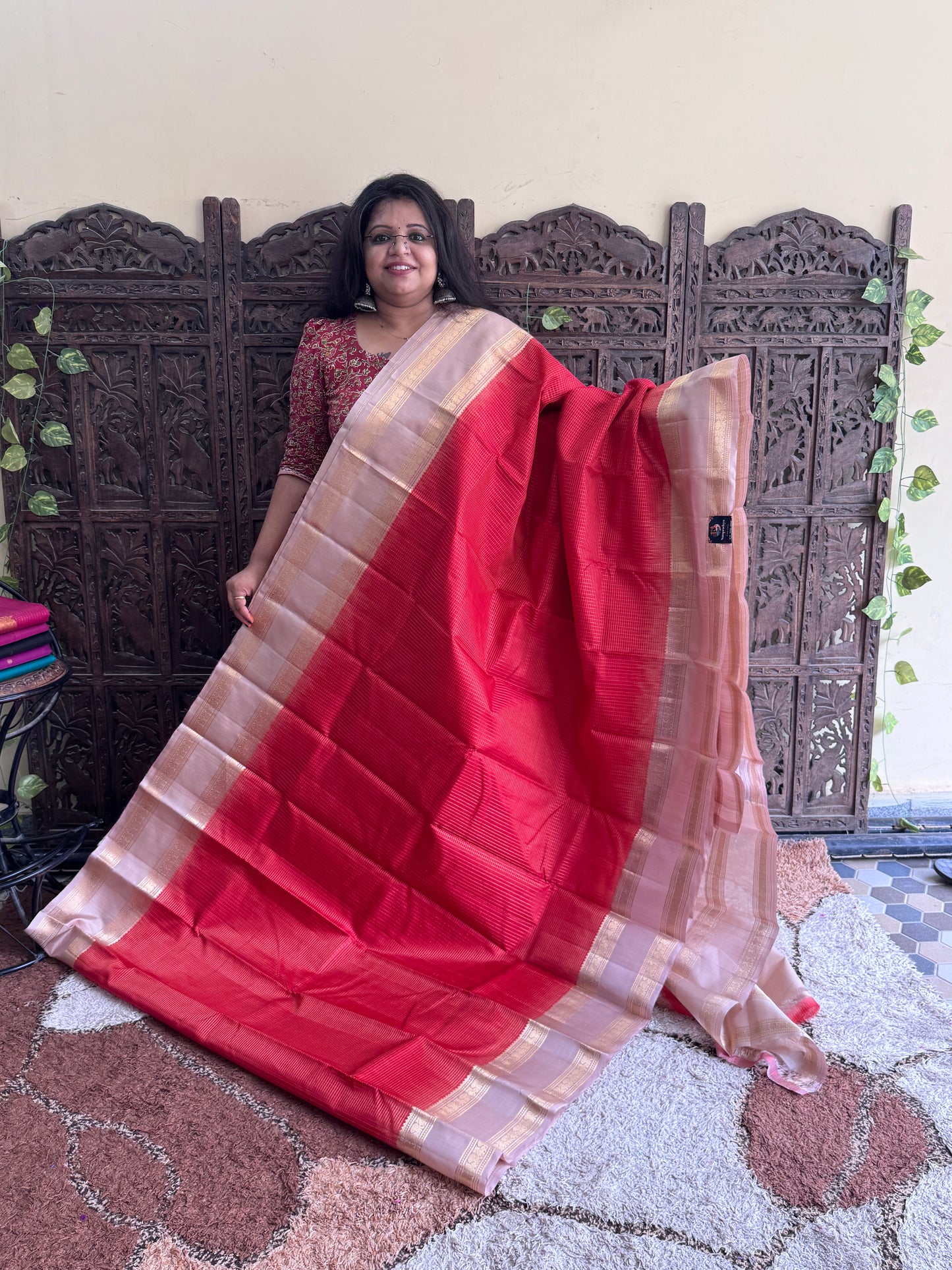 Orange Pure Kanjivaram Silk Saree | Gap Border With Peacock Butta | Handloom | Silk Mark Certified
