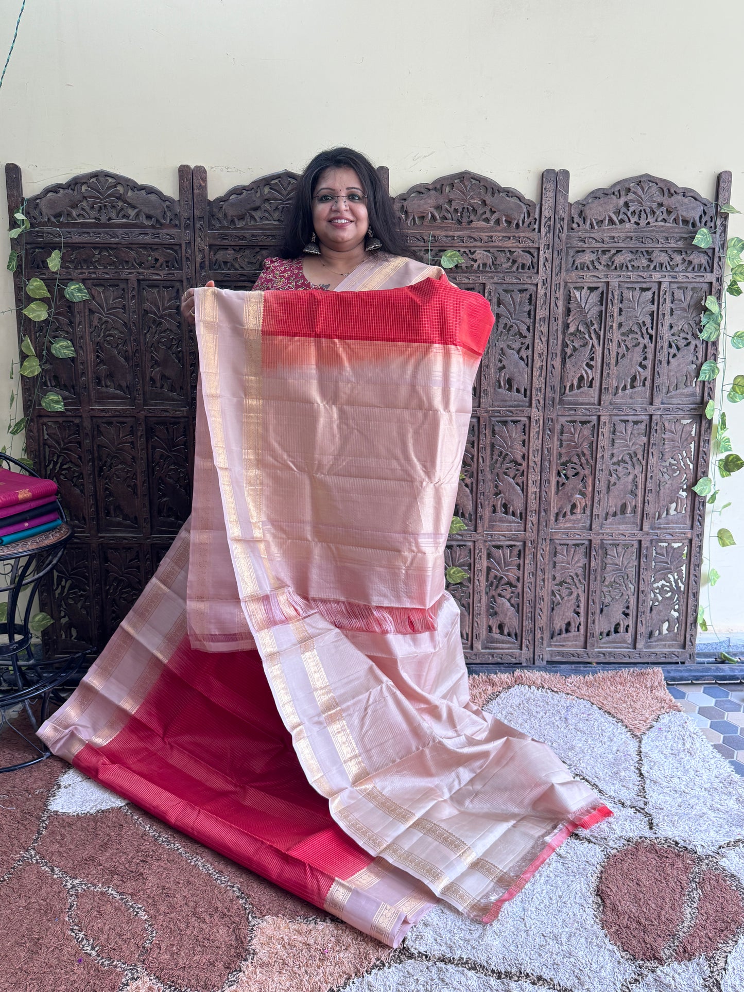 Orange Pure Kanjivaram Silk Saree | Gap Border With Peacock Butta | Handloom | Silk Mark Certified