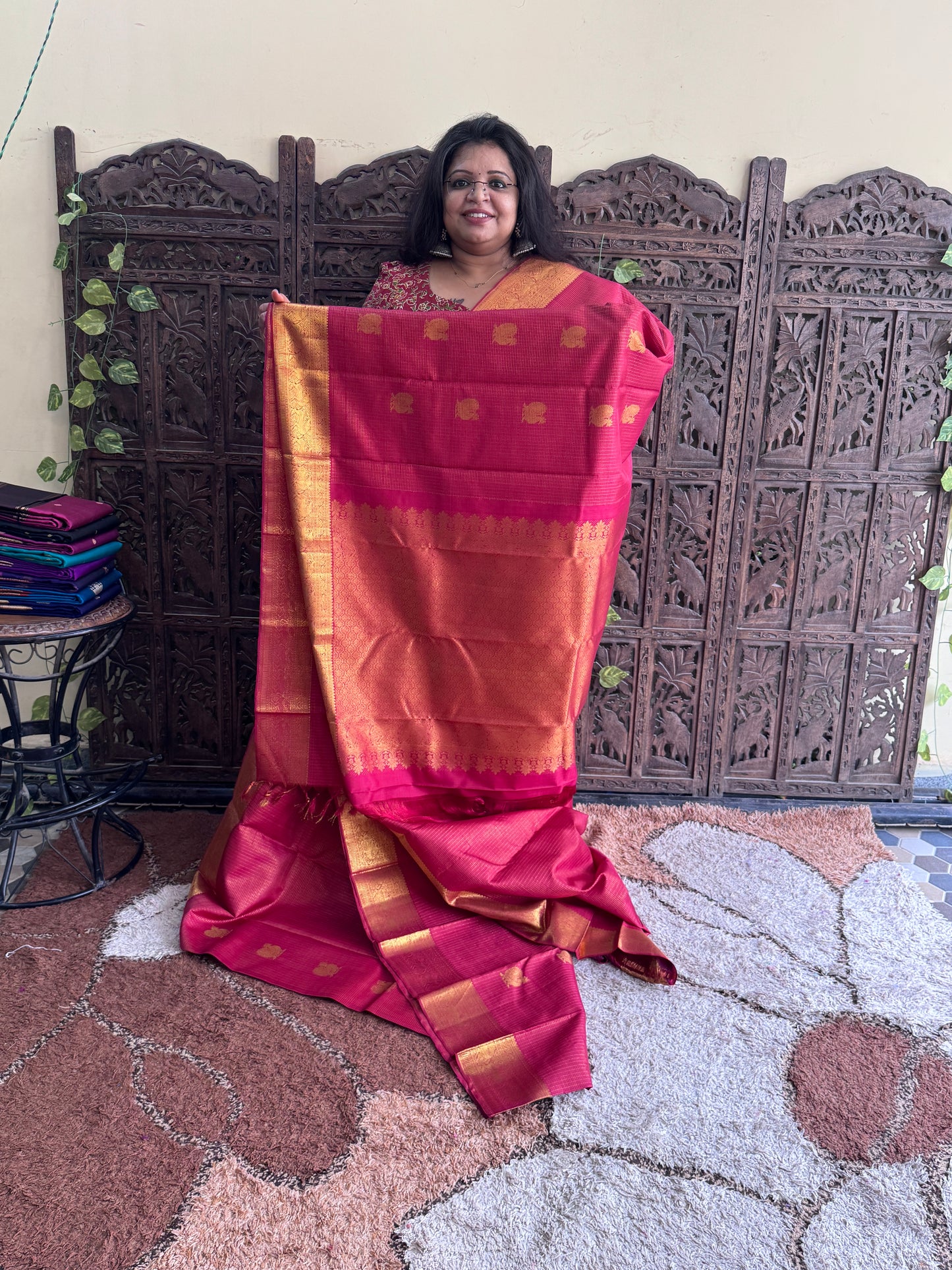 Pure Kanjivaram Silk Saree | Rani Pink With Gold Zari Border | Handloom | Silk Mark Certified