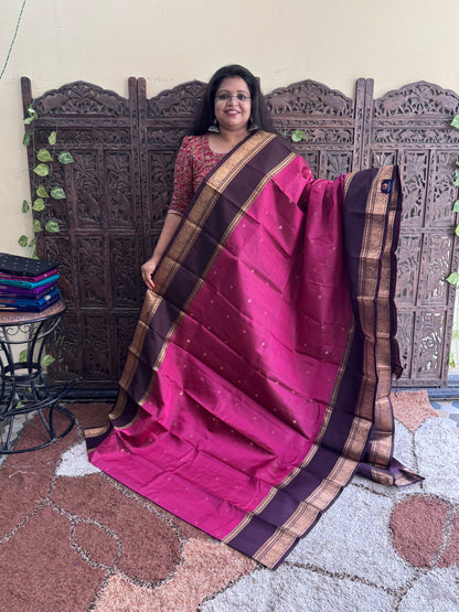 Pink Pure Kanjivaram Silk Saree | Gap Border With Peacock Butta | Handloom | Silk Mark Certified
