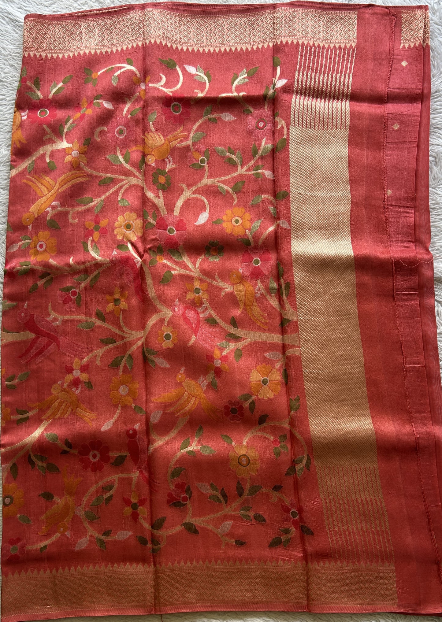 Banarasi Tussar Georgette Saree Dark Peach Colored Paired with a Zari Border. - Sampradaya Designer Studio
