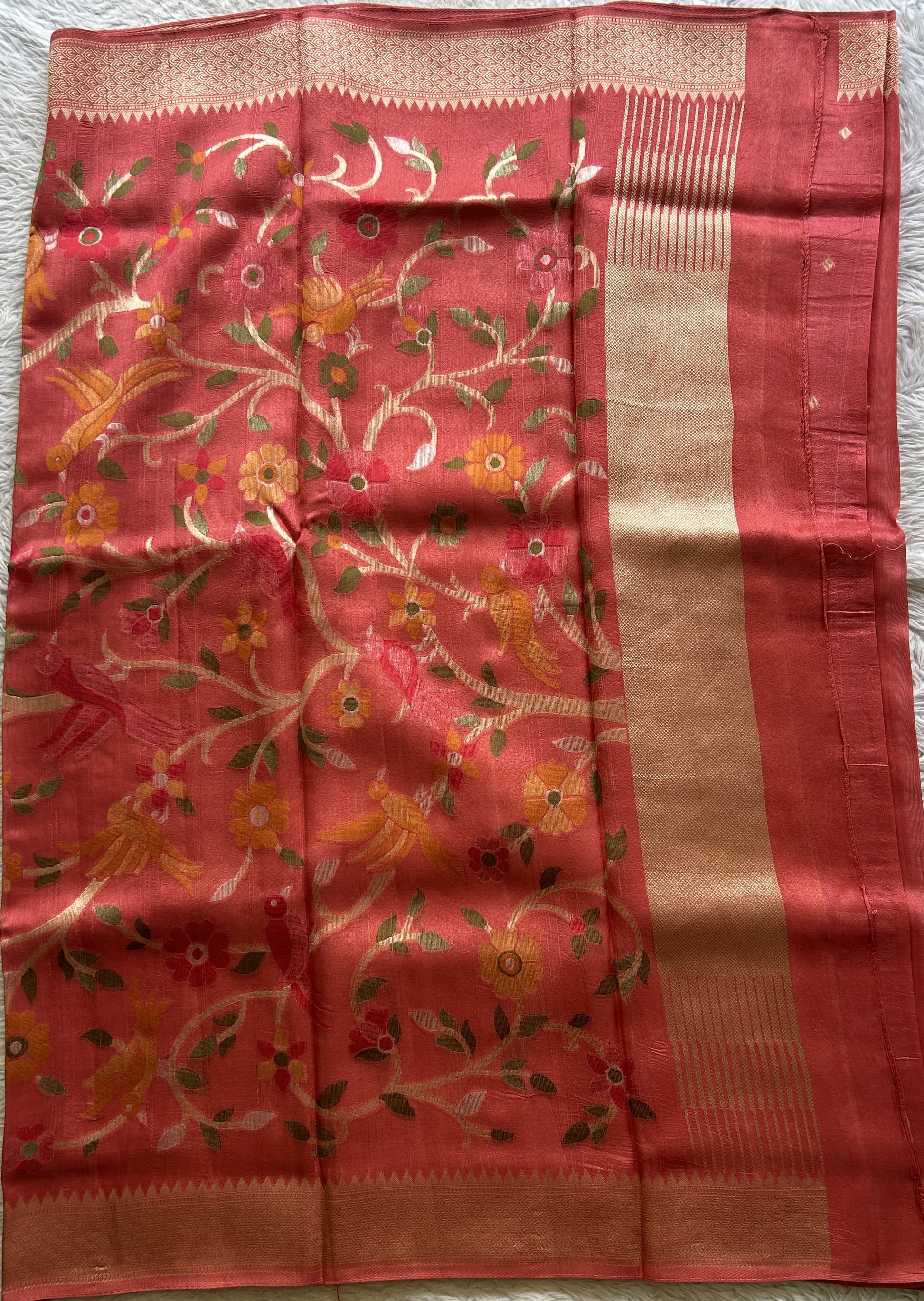 Banarasi Tussar Georgette Saree Dark Peach Colored Paired with a Zari Border. - Sampradaya Designer Studio