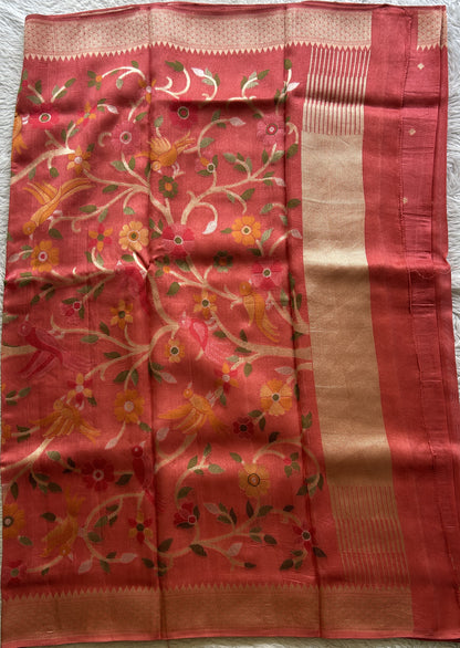 Banarasi Tussar Georgette Saree Dark Peach Colored Paired with a Zari Border. - Sampradaya Designer Studio
