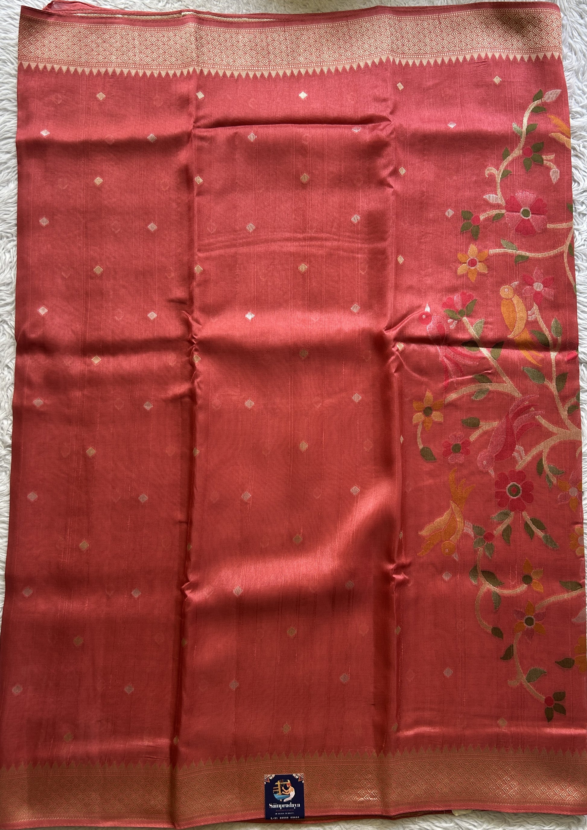 Banarasi Tussar Georgette Saree Dark Peach Colored Paired with a Zari Border. - Sampradaya Designer Studio