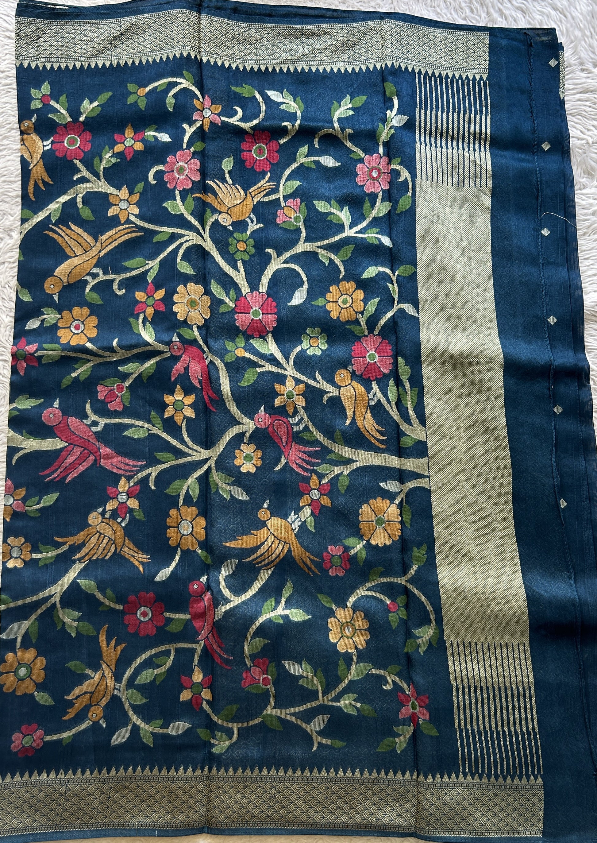 Banarasi Tussar Georgette Saree Peacock Blue Colored Paired with a Zari Border. - Sampradaya Designer Studio