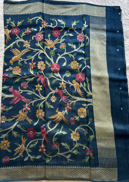 Banarasi Tussar Georgette Saree Peacock Blue Colored Paired with a Zari Border. - Sampradaya Designer Studio