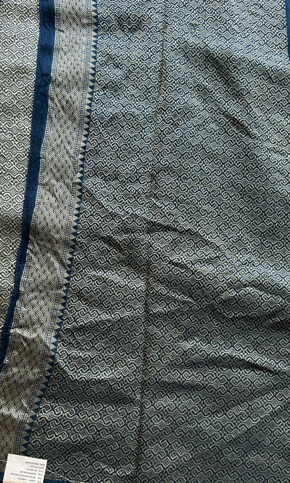 Banarasi Tussar Georgette Saree Peacock Blue Colored Paired with a Zari Border. - Sampradaya Designer Studio