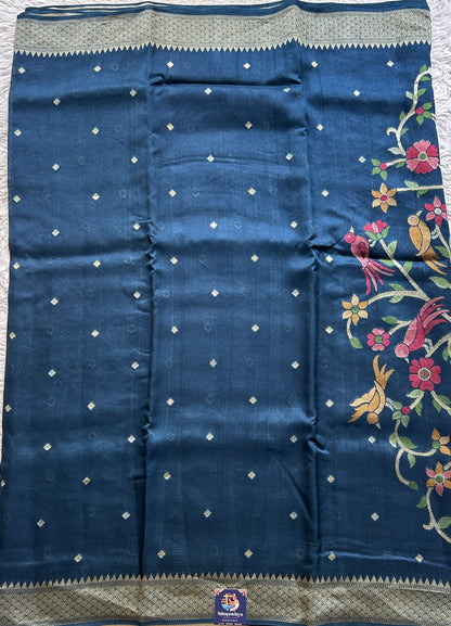 Banarasi Tussar Georgette Saree Peacock Blue Colored Paired with a Zari Border. - Sampradaya Designer Studio