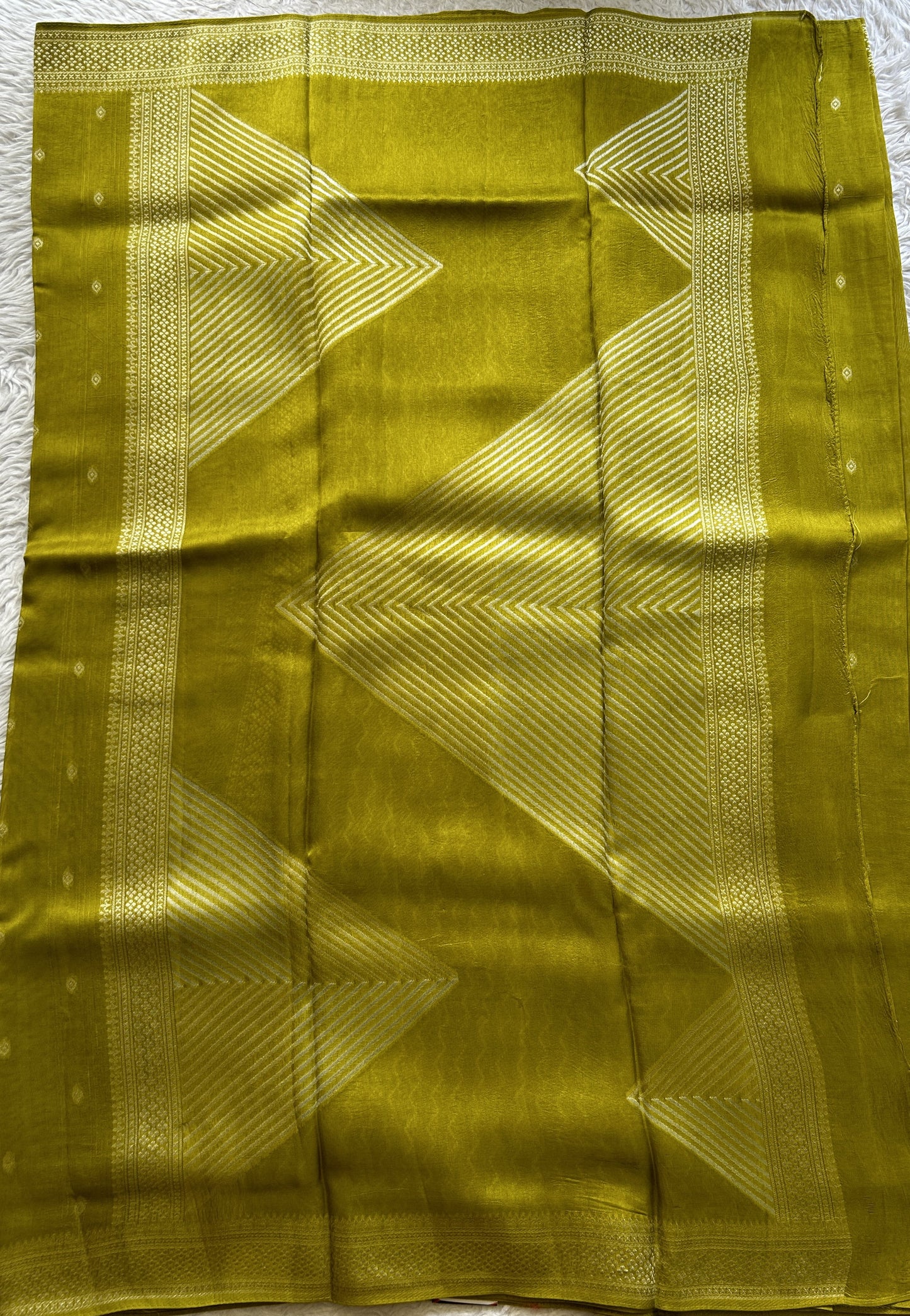 Banarasi Tussar Georgette Saree Pear Colored Paired with a Zari Border. - Sampradaya Designer Studio
