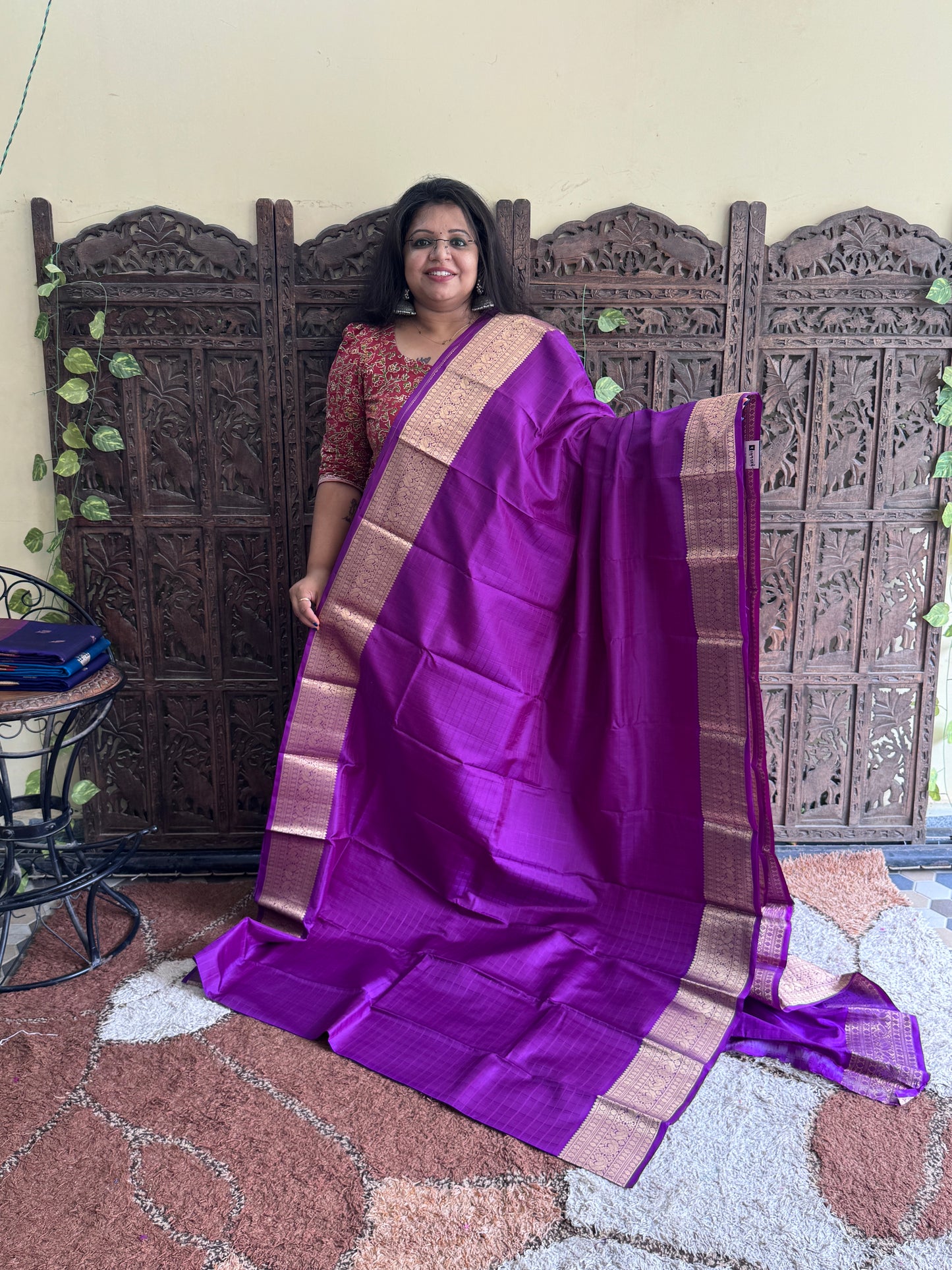 Pure Kanjivaram Silk Saree | Purple With Gold Zari Border | Handloom | Silk Mark Certified